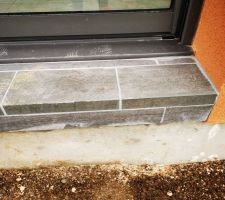 Seuil carrel&eacute;. Nez de marche et carrelage de couleur diff&eacute;rente (non voulu). Seuil d&eacute;bordant d'un c&ocirc;t&eacute; et pas de l'autre. Finition "premium"