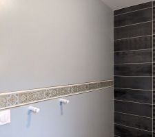 Peinture Iode de Flamant-Tollens dans la salle de bain, r&eacute;alisation d'une frise dor&eacute;e et beige