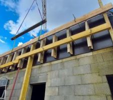 Mise en place du panneau extérieur à la grue. Il faut le soutenir avec des étais (surtout pour le poser à la bonne hauteur, et droit), poser des serre-joints en partie haute et des tiges et écrous de coffrage en partie basse pour le fixer définitivement avant de décrocher la grue.
C'est pas le moment qu'il y ait du vent !