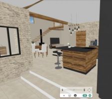 Projection 3D de la cuisine avec l'accès vers le séjour au sud