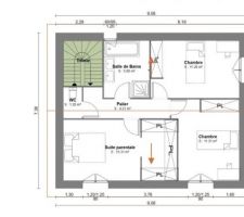 Au premier étage nous réfléchissons à réagencer la chambre parentale, nous pensons qu'il y a trop de perte au niveau du dressing et souhaitons optimiser au maximum le rangement

- Salle de bain nous allons augmenter la taille de la sdb, car j'ai peur qu'il n'y ai pas assez d'espace. C'est la seule sdb de la maison .. Ce qui va diminuer la taille des 2 autres chambres des enfants.