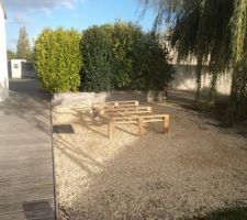 L'ancien potager remis a niveau avec un film geo textile du calcaire et une faible épaisseur de gravier qui ne ressemble a à ce qui existait. j'ai essayé d'étaler pour uniformiser la couleur
