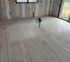 Suite du carrelage - cuisine avec tapis sur le lin&eacute;aire de meubles et l'il&ocirc;t