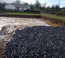 D&eacute;capage et empierrement de l'acces fait par le terrassier. depuis Mi d&eacute;cembre que de pluie et de neige, les travaux n'ont pas pu d&eacute;buter dans la foul&eacute;e