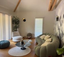 Salon, avec un new comer : le fauteuil blanc pivotant