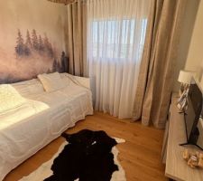 La chambre d'amis est enfin achev&eacute;e aussi ! Esprit montagne, triple fonctionnalit&eacute; : bureau, salle TV/jeux vid&eacute;os, et chambre pour les visiteurs