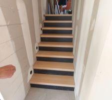 Habillage escalieravec plaque de stratifiée et contre marche noire