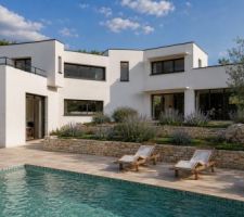 Maison contemporaine avec piscine &agrave; N&icirc;mes, murs en pierre et v&eacute;g&eacute;tation m&eacute;diterran&eacute;enne
