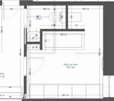 Autre variante du plan avec portes 83 cm de passage et couloir, diminu&eacute; &agrave; 110 cm