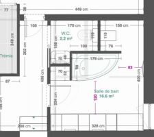 Plan seb 1er version baignoire asym&eacute;trique et couloir 100cm
