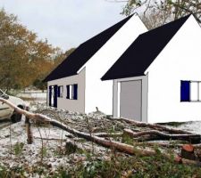 Pour voir sa future maison sur son terrain, on peut essayer sketchup (google). Une fois la maison dessinée en 3 D, elle s'incorpore toute seule dans les photos moyennant la définition de la perspective dans la photo (la, il y a en plus un petit coup de photoshop pour remettre les objets qui sont "devant" par dessus).