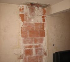 Le plâtre ayant "cramé" se décolle tout seul. 
Bonne nouvelle, on découvre le mur en brique dont les joints sont en bon état.