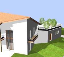 Vue 3D sud-est avec l'accès par le balcon à la terrasse sur le toit du garage.