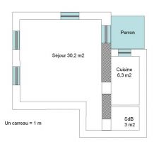 Donc, c'est le plan, reconstitué après 3 visites. Gros mur porteur entre séjour et cuisine-SdB avec pont thermique puisqu'il descend à la cave et sort dehors au dessus.

La SdB est "borgne" , mais j'ai pensé ouvrir une large baie vitrée dépolie dans la cloison qui sépare de la cuisine, éclairée par une porte fenêtre de 2.5 m de haut sur 80 de large.

 C'est un studio , c'est pas Versailles !!!