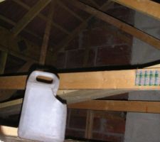 1ers jours de travaux: les charpentiers ont consolidé la charpente sous le toit et ils ont ajouté 3 poutres entre les 2 murs.