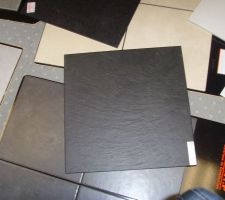 Receveur por la douche a 
l' italienne, imitation ardoise.
au dessus vous devinez le carrelage noir, celuil&agrave; s"set pour le sol de la sdb!