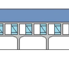 Facade maison en béton, terasse sous pilotis, volets battants en sapin, pas de baies vitrées.