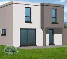 Facade arrière qui a evolué depuis. Il n' a plus de décroché anthracite à l'étage. Tout est blanc et va de l'étage à la terrasse, et ce afin de gagner 4m² au RDC. Les photos mises à jour suiveront!