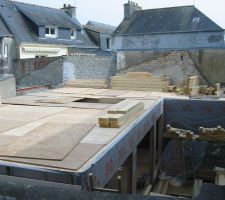 Une vue de plus loin que le salon avec dans l'axe la cuisine et a droite il y aura le bureau 
 on peut noter egalement la cour donnant aux chambres d'enfants