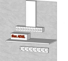 Vue 3D du local Technique Electricité/ADSL

Vue de l'arrivée RJ45 (prévoir un bandeau RJ45)
une étagère pour poser la Box, le switch (si necessaire)
Un bandeau electrique avec pas mal de prises... 1 pour la box, 1 pour le sitch, 1 pour l'imprimante réseau ? le disque réseau ?....