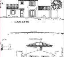 Façades extérieures, l'abris de voiture ne sera pas fait tout de suite, la marquise sautera surement.
Et voilà notre fameux plan avec panneaux solaires mais sans souche de cheminée!!