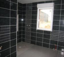 SDB vue de la porte d'entr&eacute;e termin&eacute;e d'&ecirc;tre carrel&eacute;e. le seul point noir pas trop belle la vue vers l'ext&eacute;rieur