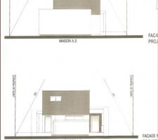 Façades de côté telles que dans le permis de construire, celle du haut donne sur le terrain du voisin C, celle du bas donne sur notre "abri" garage qui est accolé à la maison du voisin A