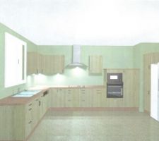 Implantation de notre cuisine sauf que le grand meuble &agrave; droite vers les frigos n'existe plus... &agrave; la place, on a fait un placard mural dans la partie couloir des chambres comme cela notre frigo am&eacute;ricain et armoire cong&eacute;lation auront leur emplacement d&eacute;limit&eacute;