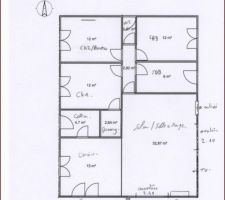 Ci joint plan maison modifié de 90m² a 103.70 m².
SDB agrandis a 8m² et porte sur couloir.