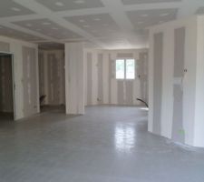 Chape vue du salon sur la cuisine et l'entr&eacute;e