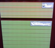 Faîence de la salle de bain de l'étage, elle sera dans les couleurs anis, jaune et blanche avec des pointes acidulées d'orange vermillon dans le listel. La photos n'est pas terrible car prise dans le show room où l'éclairage était faible et pas de flash sur mon portable.