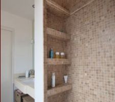 La "bibliothèque à shampoing" avec le rideau ouvert.
La tringle asymétrique pour rideau de douche passe juste devant.