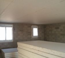 Le plafond de l'étage terminée... ici, nous voyons les fenêtres d'une chambre de de la sdb