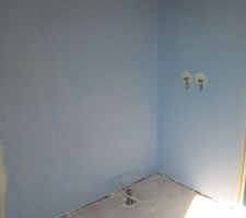 Le coin douche est en préparation : application d'un produite d'étanchéité avant la pose de la faïence murale prévue la semaine prochaine.