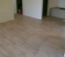 Carrelage imitation bois dans la chambre des parents et la salle de bain . Joint non faits