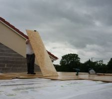 Le temps n'est pas avec nous !

Une membrane &agrave; &eacute;t&eacute; pos&eacute;e sous le plancher pour limiter pour limiter la casse avec la pluie. 

On retirera la membrane une fois la toiture pos&eacute;e.