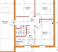 Voici l étage avec 3 chambres une salle de jeux et la salle de bain