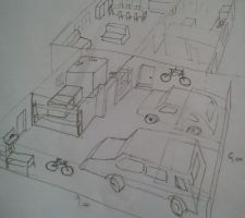 Autre croquis de l'amenagement de la maison.
quelques details a ameliorer et tout n'est pas a l'echelle mais ca donne une idée!
j'ai un peu loupé la Porsche ;p