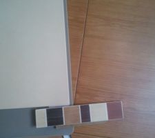 Carrelage effet parquet, faiance pour les murs et frise qui fera le rappel bois