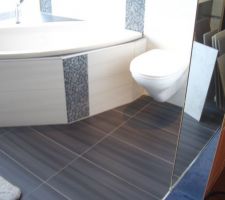 On aura exactement ce carrelage au sol en gris/noir et au mur blanc/crème.