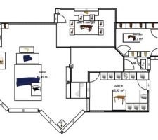 Plan detaille
devant 
la cuisine a droite
l escalier en colimacon 
le salon donnant sur les baies vitrees
au fond
sejour 
bureau
wc