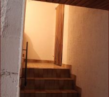 Escalier partant de la pièce aveugle vers la salle de bains et l'ancienne cuisine