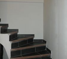 Le carrelage de l'escalier est le m&ecirc;me que celui du RDC
Nez de marche en bois pas la meilleure id&eacute;e