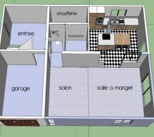 Plan du rdc apres (apres travaux)
on y voit la nouvelle entree crée derrière le garage avec l'escalier, la division de pièces qui permet de placer un wc en bas la buanderie avec porte donnant sur la cuisine 
coté salle a manger la baie vitré est a galandage comme la porte a droite de la cuisine qui donne toutes deux sur le jardin