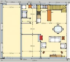 Avant-projet avec les espaces d'aménagement.
A gauche (Nord) la partie garage véranda.
Les ouvertures seront prévues ensuite.