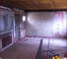 Cr&eacute;ation d'un plafond suspendu:
- Piton dans les solives &agrave; travers l'ancien plafond
- Tiges filet&eacute;es coup&eacute;es &agrave; la bonne longueur gr&acirc;ce au laser
- Vissage et r&eacute;glage des cavaliers
- Mise en place des fourrures et des lisses

Pas d'isolant, le but &eacute;tant un transfert de chaleur par les plafonds du RDC vers le 1er