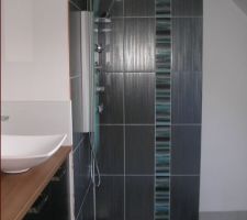 Salle d'eau avec coin douche (nous devons installer une paroi de douche). On aperçoit le meuble (Mobalpa) avec la vasque .