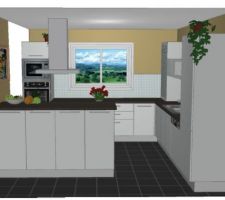 Projet de la cuisine.
La hotte sera différente et il faudra ajouter 3
chaises de bar. La fenêtre sera sur toute la longueur et moins haute.