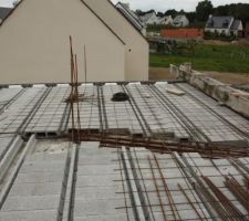 Pr&eacute;paration de la dalle &agrave; l'&eacute;tage avec la pose des poutrelles et des hourdis