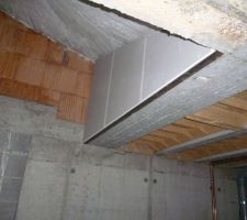 Cloisons - pose du 1er m2 de placo (  polystyrène) pour la fermeture du dessous de l'escalier menant à la cave